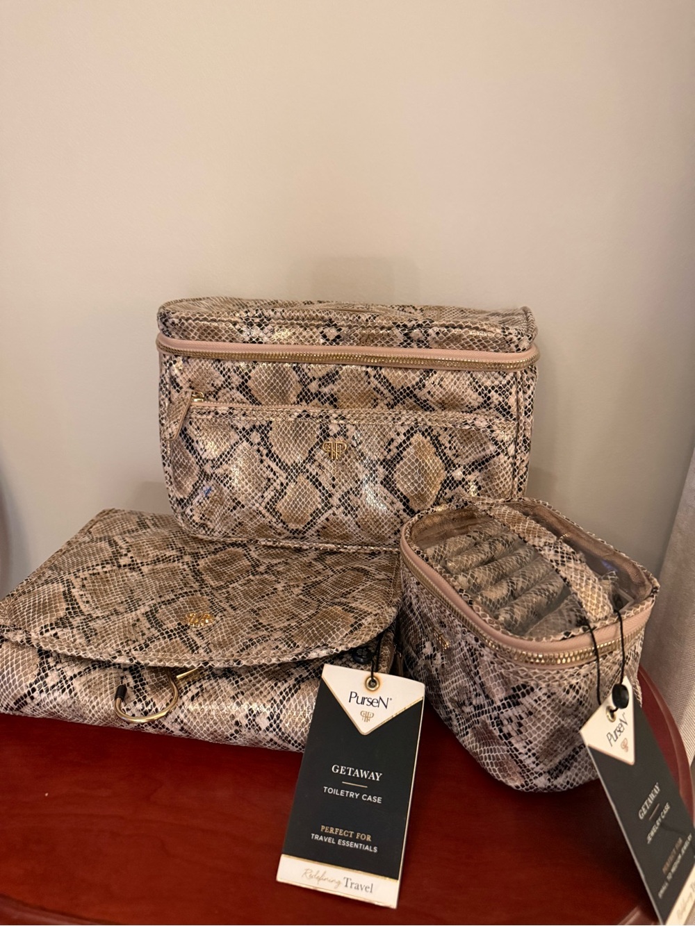 PurseN Blush Snake-Print Cosmetic & Travel Case Trio